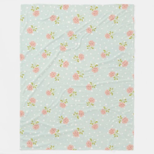 pale blue shabby chic polka dot white pink floral fleece blanket