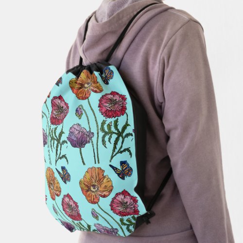 Pale Blue Shabby Orange Red Poppy on Aqua Drawstring Bag