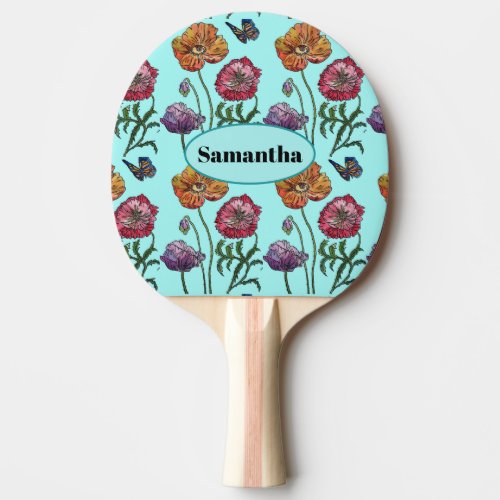 Pale Blue Shabby Poppy Customizable Name Ping Pong Paddle
