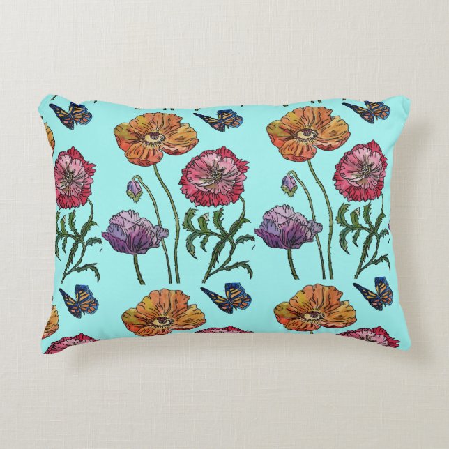 Pale Blue Shabby Poppy Decor Cushion (Front)