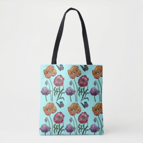 Pale Blue Shabby Poppy Tote Bag