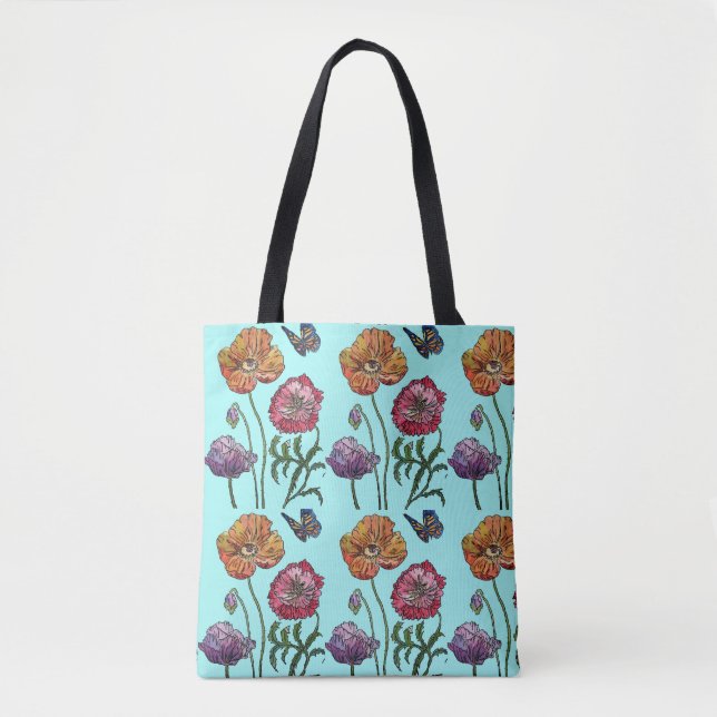 Pale Blue Shabby Poppy Tote Bag (Front)