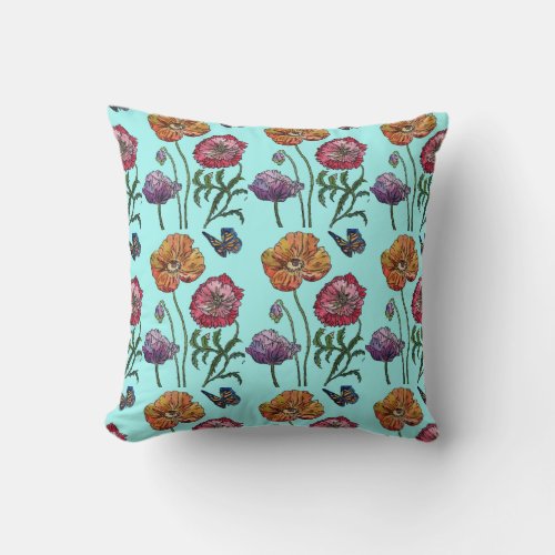 Pale Blue Shabby Watercolor Poppy Cushion