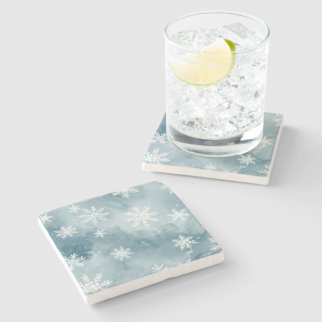 Pale Blue Snowflakes Watercolor Winter Stone Coaster (Side)