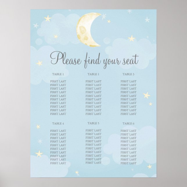 Pale Blue Star Moon Sky Baby Shower Seating Chart (Front)