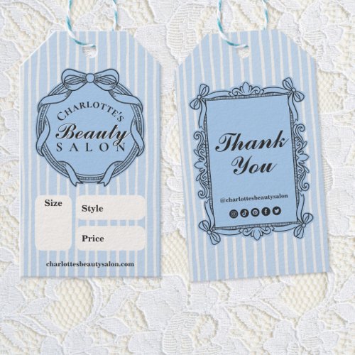 Pale Blue Striped Ornate Bow Frame Salon Price Tag