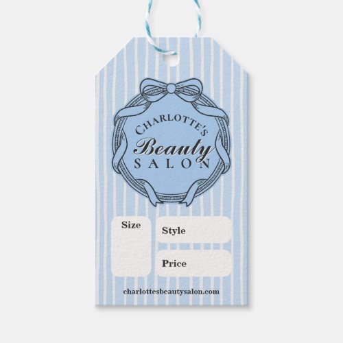 Pale Blue Striped Ornate Bow Frame Salon Price Tag