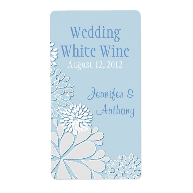 Pale Blue Stylish Chrysanthemum Wedding Mini Wine Label (Front)
