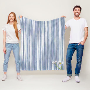 Pale Blue Uneven Striped Floral Watercolor Daisy Fleece Blanket