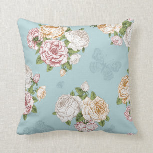 pale blue,vintage,floral,butterfly,victorian,cute, throw pillow