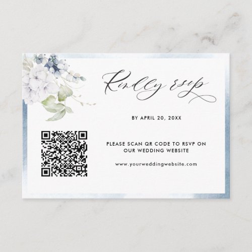 Pale Blue Watercolor Floral Wedding QR Code RSVP Enclosure Card