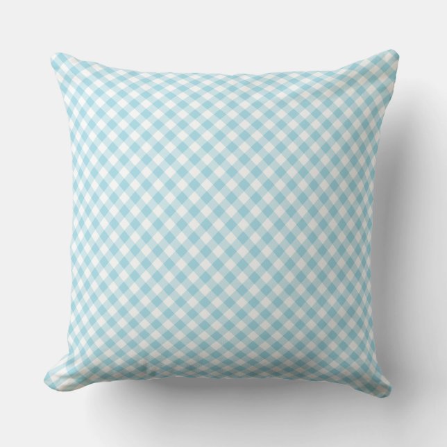 Pale Blue White Diagonal Check Gingham Pattern Throw Pillow (Front)