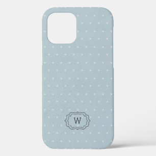 Pale Blue White Polka Dot Framed Monogram iPhone 12 Case