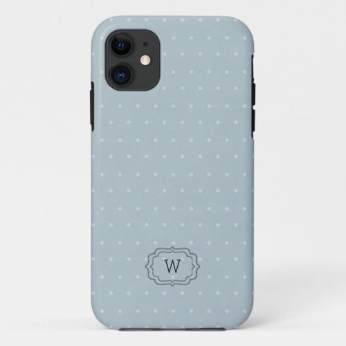 Pale Blue White Polka Dot Framed Monogram iPhone 11 Case