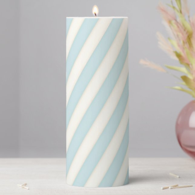 Pale Blue & White Spiraling Stripes Pillar Pillar Candle (In Situ)