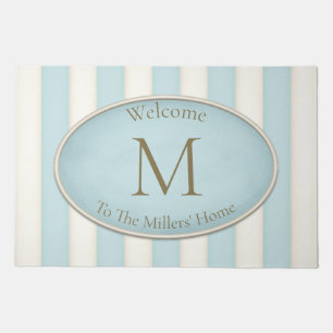 Pale Blue & White Stripes Bronze Monogram Doormat