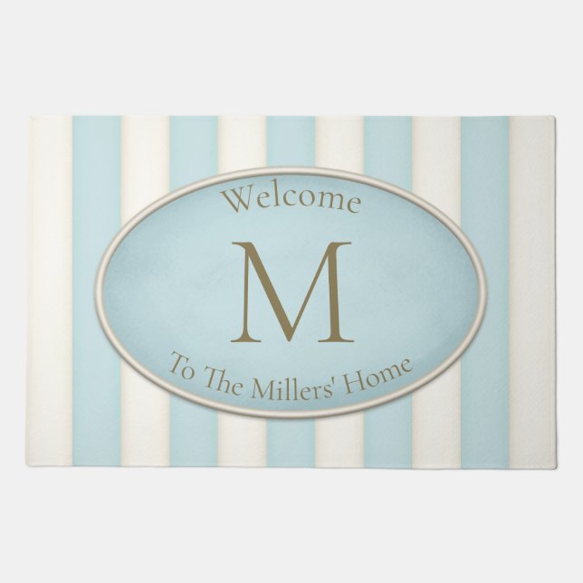 Pale Blue & White Stripes Bronze Monogram Doormat (Front)