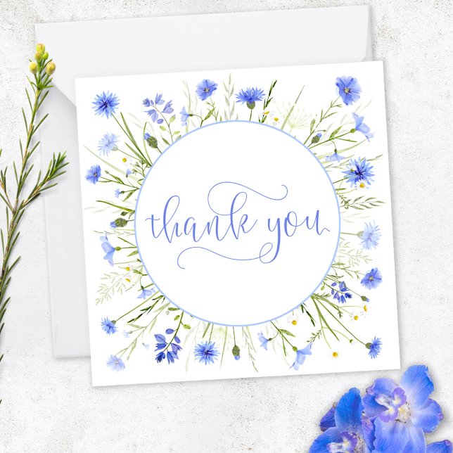 Pale Blue Wildflower Thank You Pretty Script Font Note Card (Creator Uploaded)
