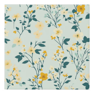 Pale Blue Yellow White Floral Faux Wrapped Canvas