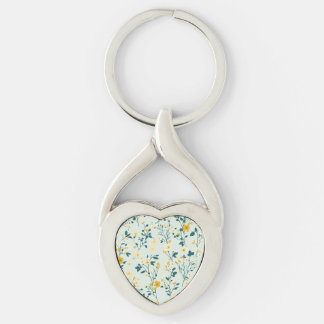 Pale Blue, Yellow & White Floral Metal Keychain