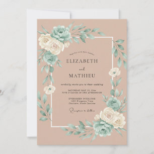 Pale Blush Aqua Leafy Wedding Invitation
