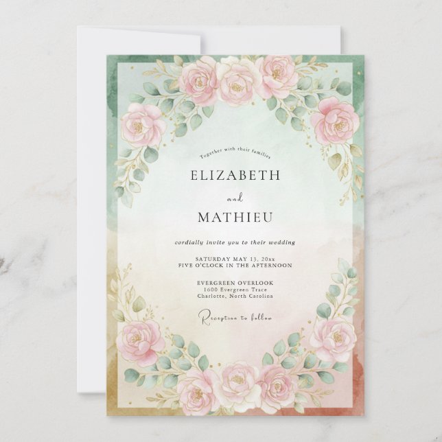 Pale Blush Mint Peony Wedding Invitation (Front)