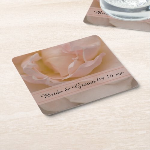 Pale Blush Pink Rose Floral Wedding Square Paper Coaster