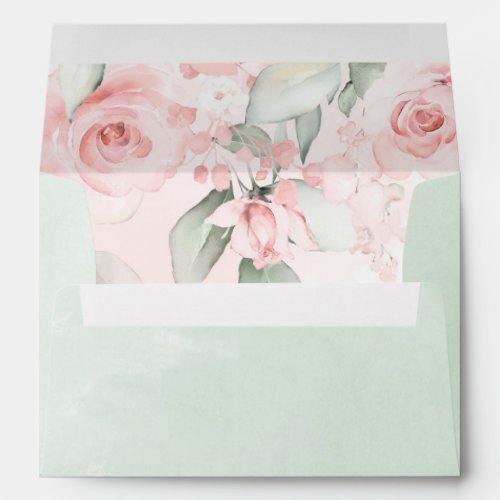 Pale Blush Pink Sage Green Wash Watercolor Roses Envelope