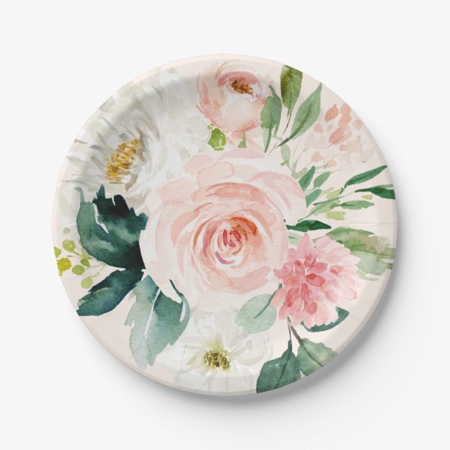 Pale Blush Pink Watercolor Floral Peach Elegant Paper Plates (Front)