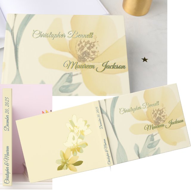 Pale Butter Yellow Soft Blue Floral Wedding Foil Guest Book (This Gold Foil Yellow Floral Guest Book Can be used for a Collection of Memories from you Wedding.)