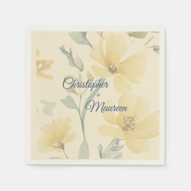 Pale Butter Yellow Soft Blue Floral Wedding Napkins (Front)