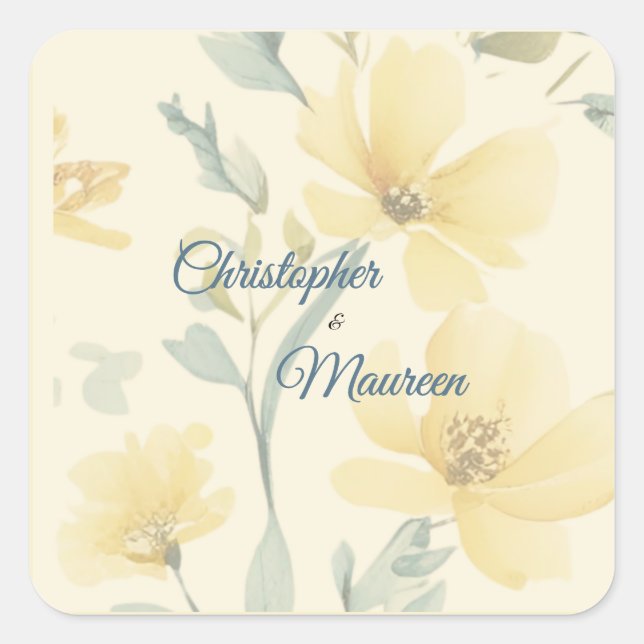 Pale Butter Yellow Soft Blue Floral Wedding Square Sticker (Front)