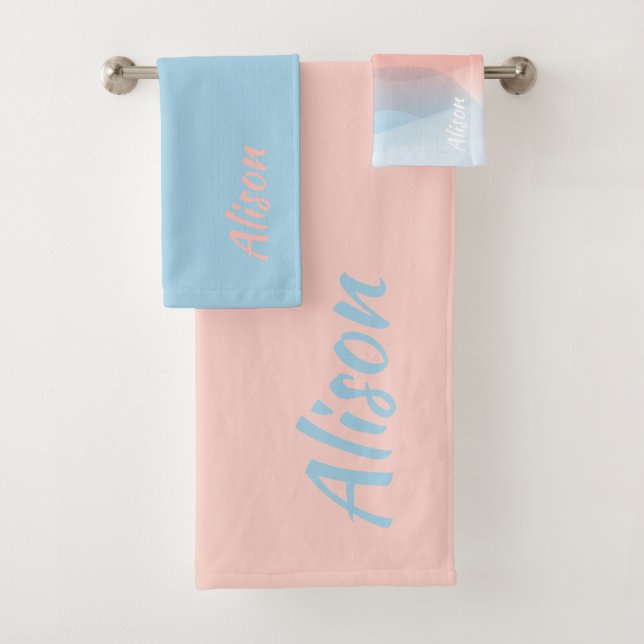 Pale coral blue abstract name bath towel set (Insitu)