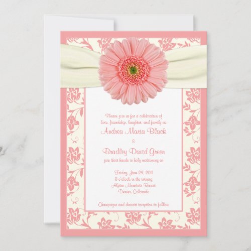Pale Coral Gerbera Ivory Floral Wedding Invitation