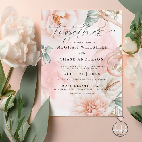 Pale Coral Rose Watercolor Bouquet Invitation