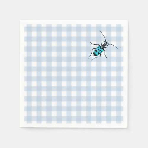 Pale Denim Blue Gingham with Turquoise Beetle Napkins
