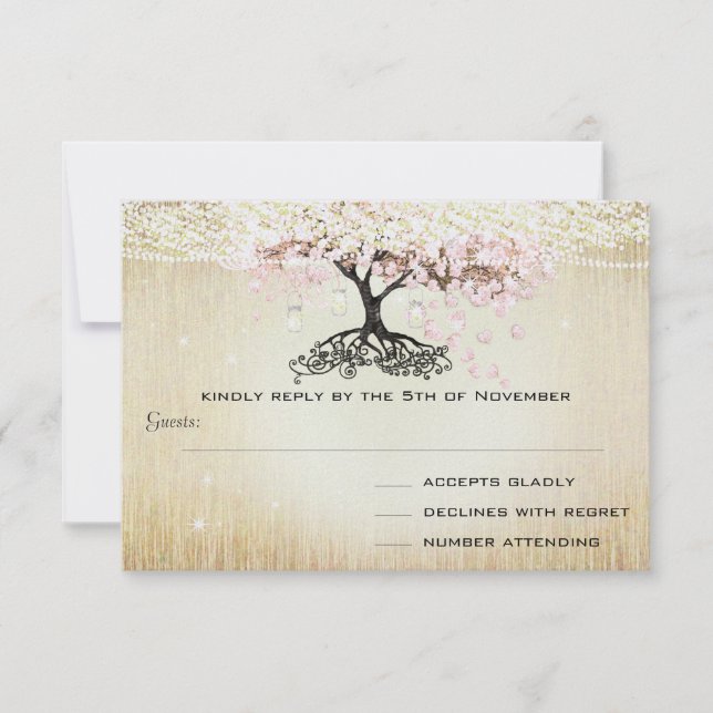 Pale Dogwood Heart Leaf Tree Gold Wedding RSVP (Front)