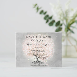 Pale Dogwood Pink Heart Leaf Tree Bird Wedding Announcement Postcard