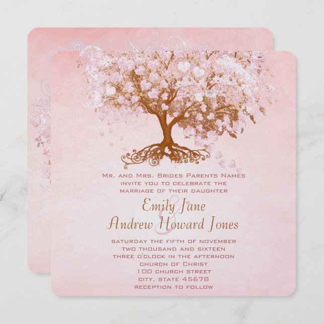 Pale Dogwood Pink Heart Tree Wedding Invitations (Front/Back)