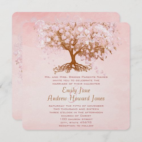 Pale Dogwood Pink Heart Tree Wedding Invitations