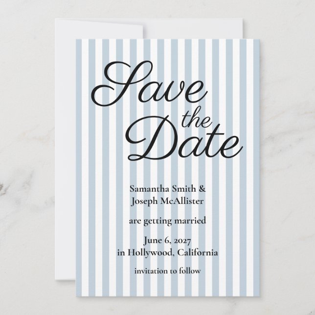 Pale Dusty Blue and White Stripe Save The Date (Front)