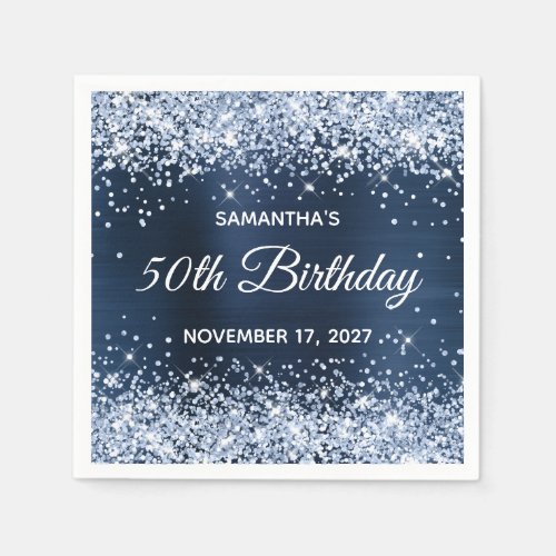 Pale Dusty Blue Glitter Navy Foil 50th Birthday Napkins