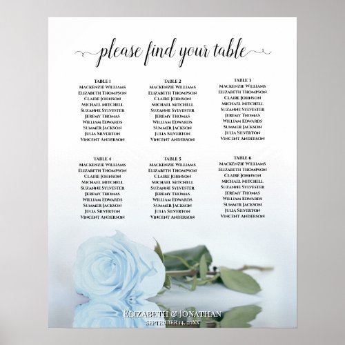 Pale Dusty Blue Rose 6 Table Wedding Seating Chart
