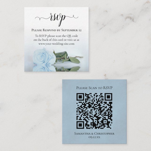 Pale Dusty Blue Rose Elegant Wedding RSVP QR Code Enclosure Card (Front/Back)