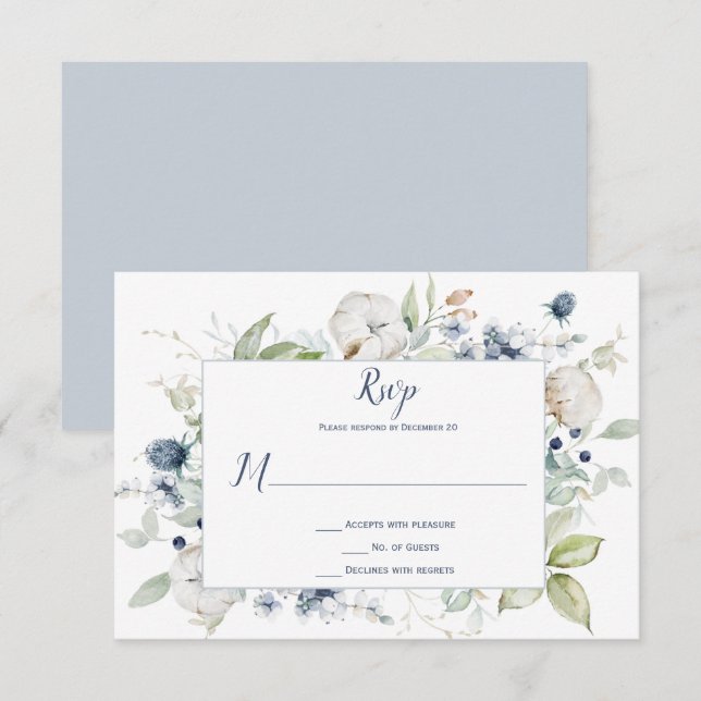 Pale Dusty Blue Sage Green Framed Floral RSVP Card (Front/Back)