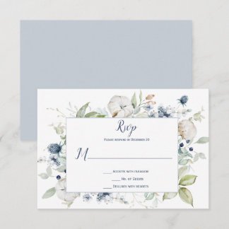 Pale Dusty Blue Sage Green Framed Floral RSVP Card