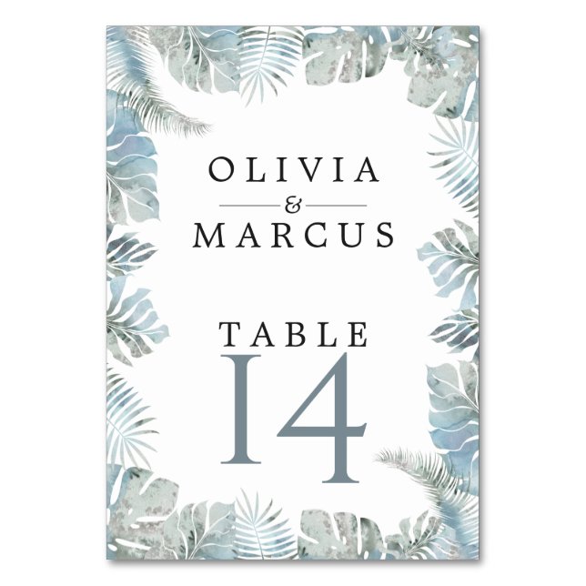 Pale Dusty Blue Watercolor Botanical Table Number (Front)