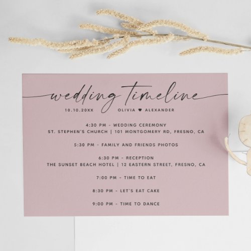 Pale dusty pink minimalist wedding party timeline invitation