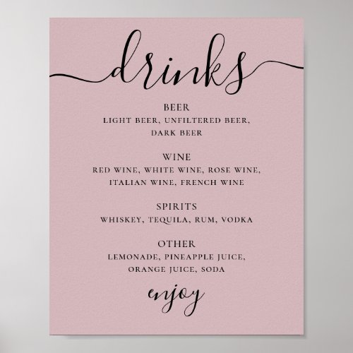 Pale dusty pink script wedding alcohol drinks bar poster