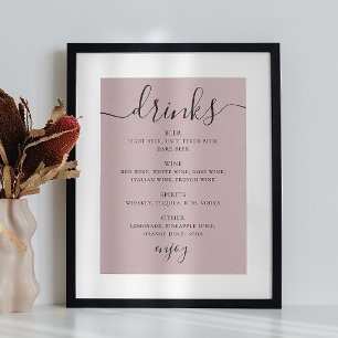 Pale dusty pink script wedding alcohol drinks bar poster